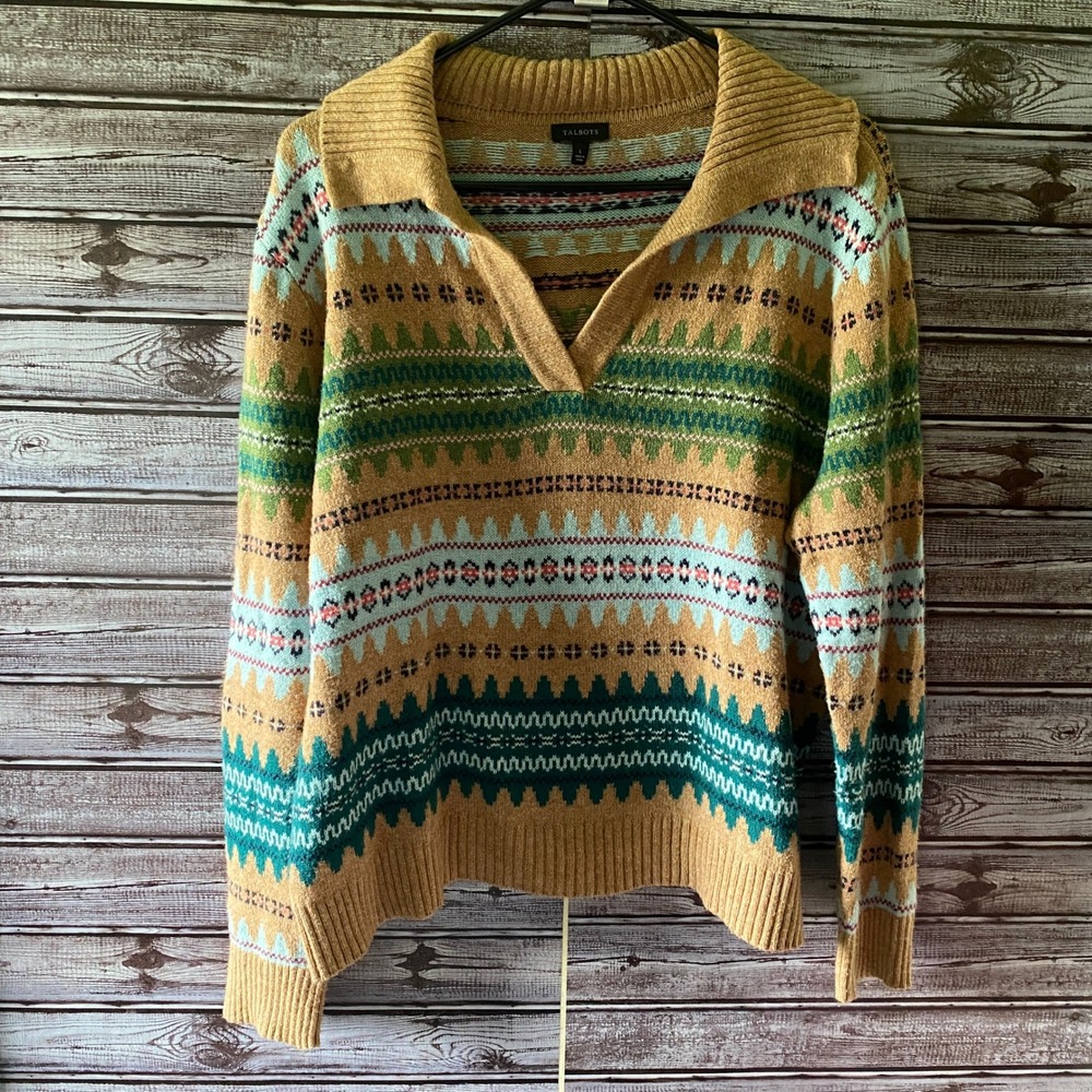 Talbots Women's Long-Sleeved V-Neck Sweater Size L Tan Multicolor‎ Cropped